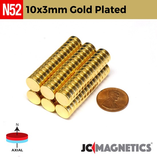 10mm x 3mm N52 Gold Plated neodymium magnets round discs 3/8in x 1/8in
